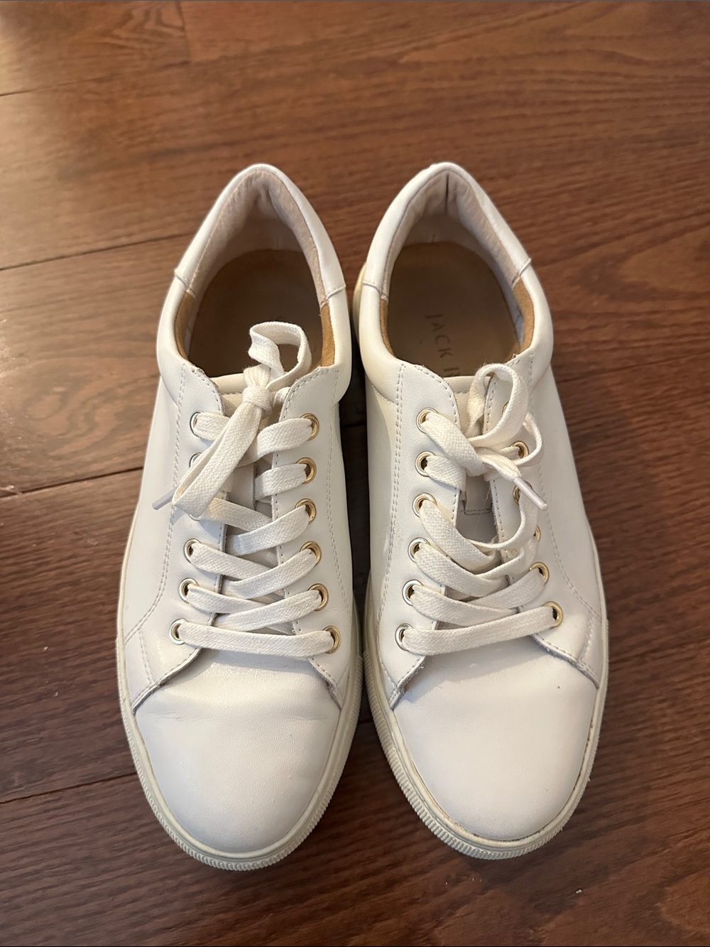 Jack Rogers White Leather Sneakers with Gold Eyelets